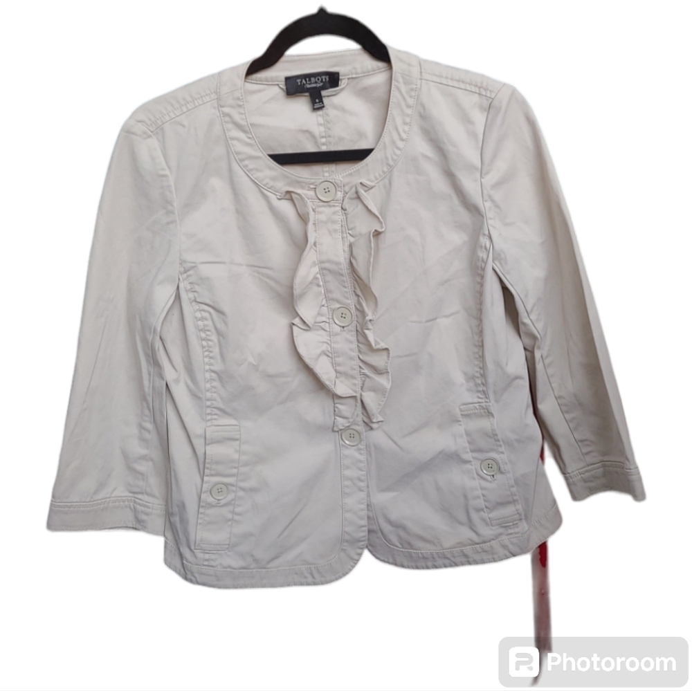 TALBOTS Women’s Khaki‎ Front Ruffle 3/4 Sleeve Jacket Size 6